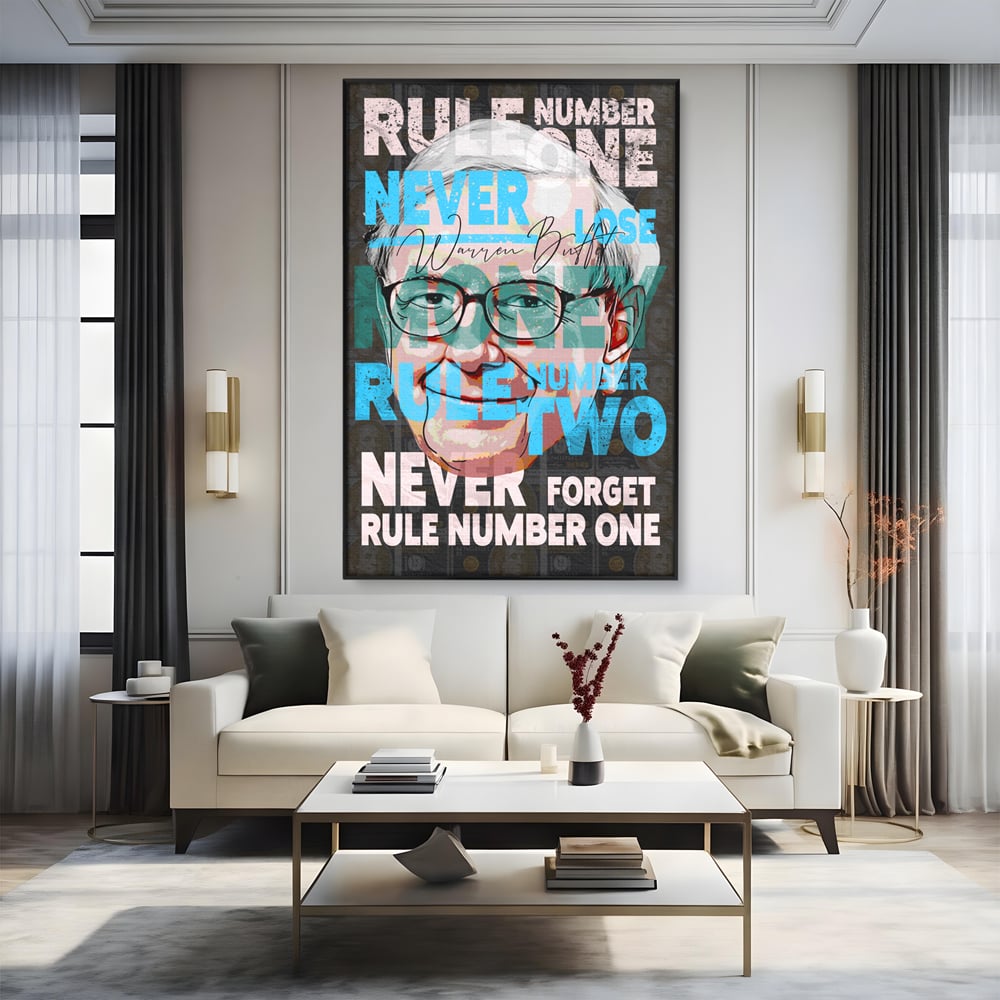 Tablou canvas cu tablou canvas cu portretul stilizat al lui warren buffett, in rama de aluminiu negru, pe perete intr-un living